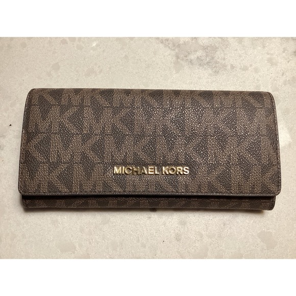 Michael Kors Wallet Brown MK Logo Print Flap Snap Closure - Picture 1 of 11